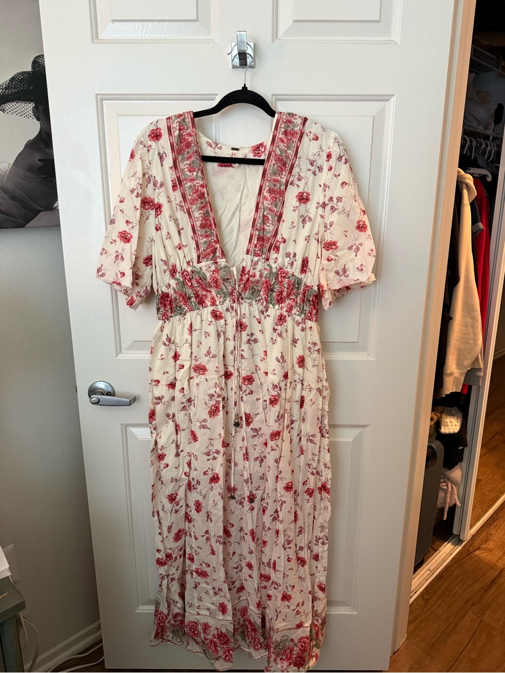 Free People Cream Maxi Dress with Red Floral Print
